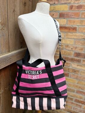 VICTORIA'S SECRET Signature Striped Logo Tote Shoulder Bag Travel Weekender